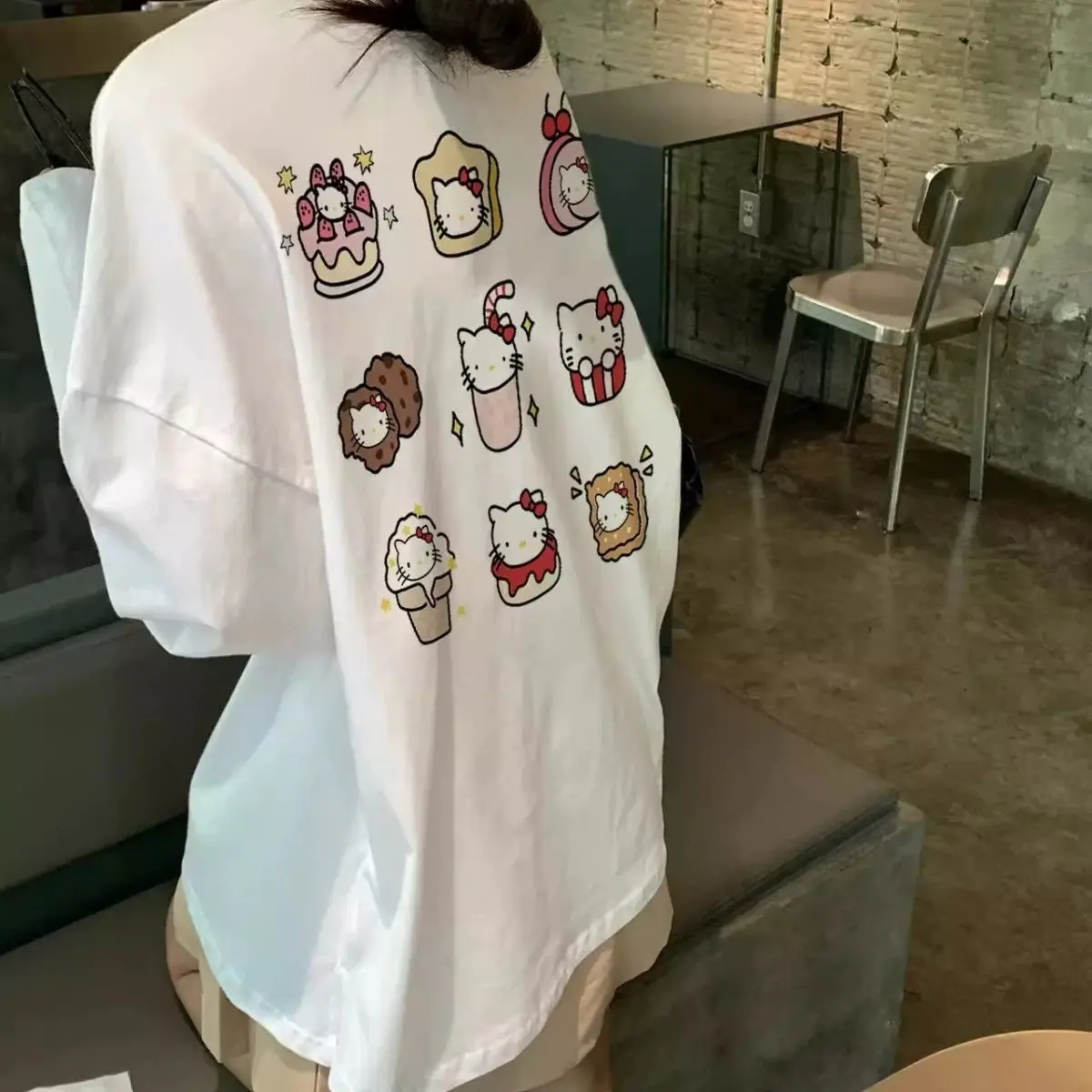 Sanrio Hello Kitty Cute White Long Sleeved Print Tees Women New Loose Pure Cotton Simple Top Korean Version Trend Casual T-shirt