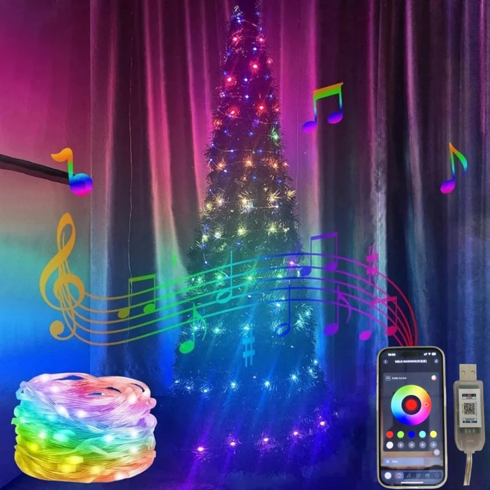 ضوء سلك جلدي ذكي LED IC-RGB، مصدر طاقة USB، تغيير لون متزامن للموسيقى، تطبيق وجهاز تحكم عن بعد، يستخدم لتزيين الحفلات #3