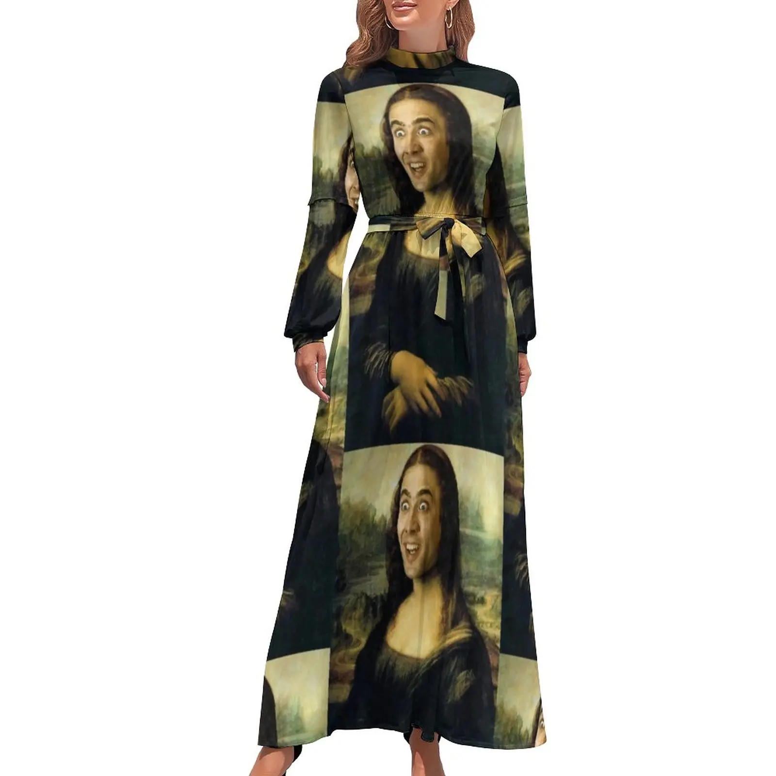 Nicolas Cage Meme Dress Funny Mona Lisa Streetwear Beach Dresses Ladies Long-Sleeve High Waist Cute Long Maxi Dress