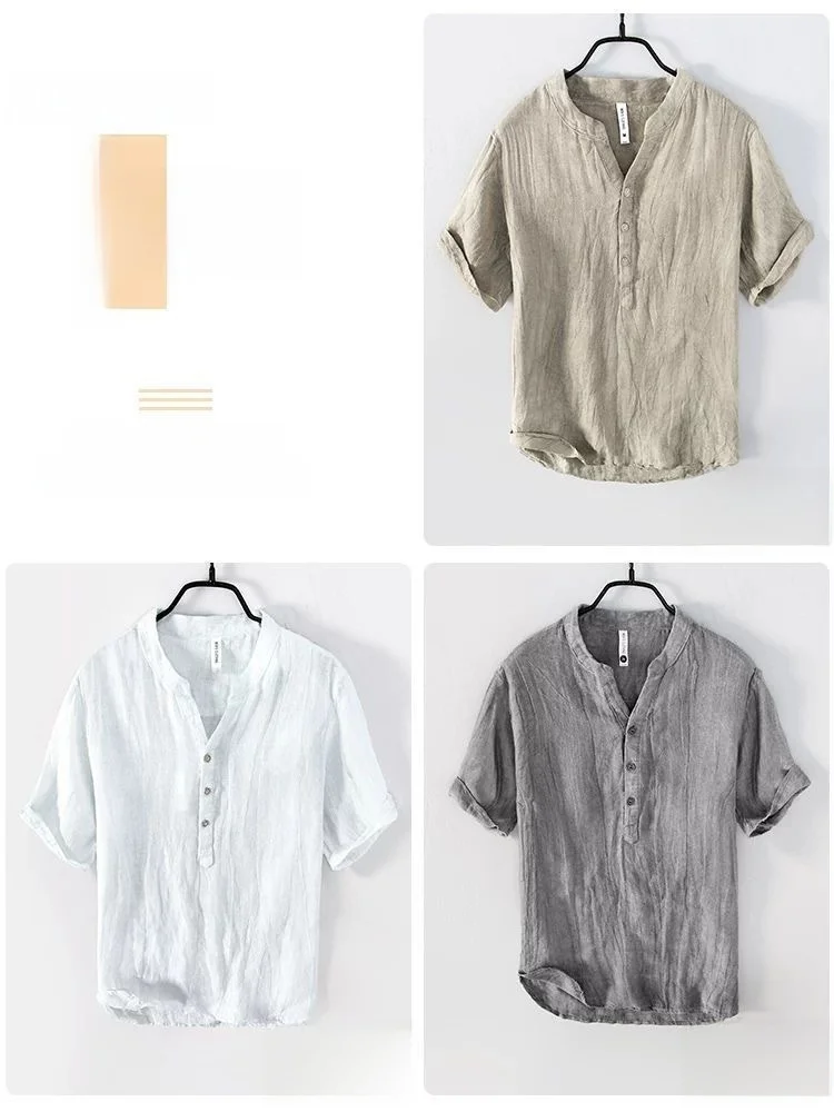 

Summer Casual Men's Linen ort Sve irt V-Ne T-irt Vintage Pleated Linen Casual Color Overhead Men's Top