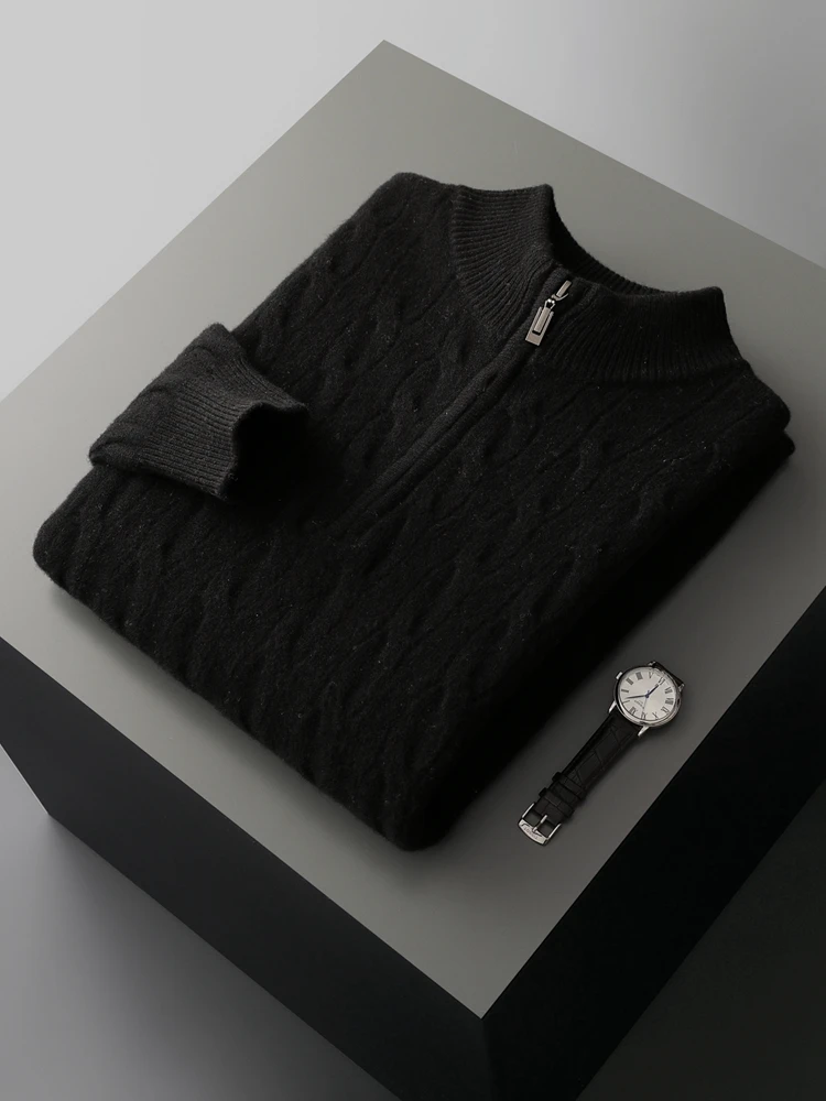 Office Autumn Winter Sweater Pullover Men 100% Merino Wool Sweater Mock Neck Twist Flower Warm Clothes Commut Versatile Knitted