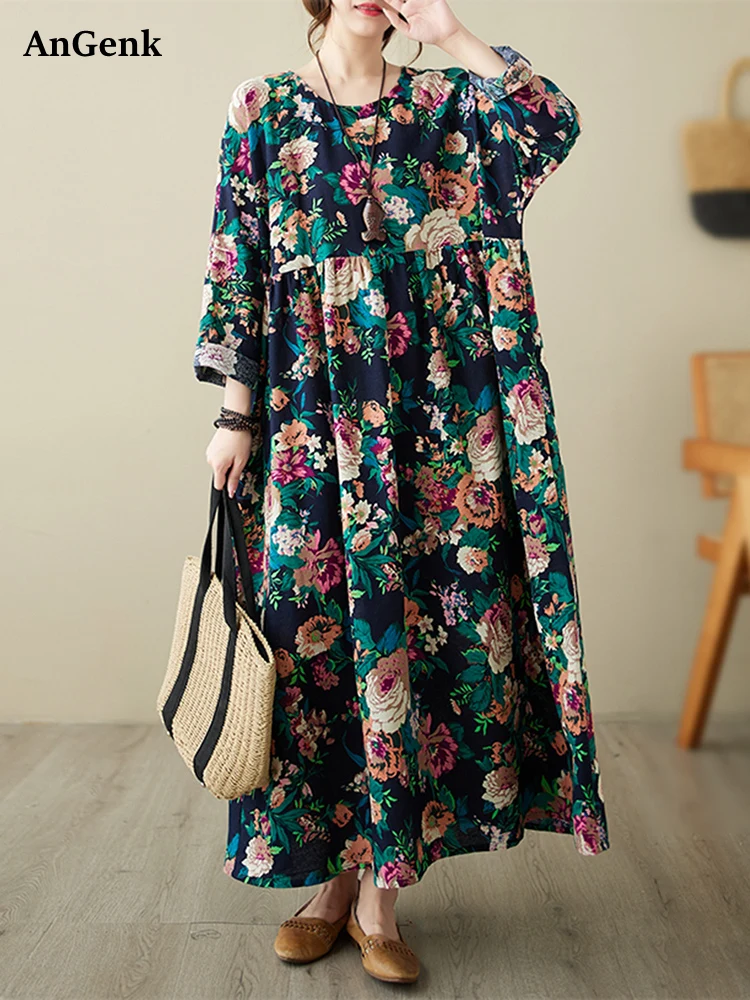 

Oversize Cotton Long Sleeve Print Vintage Dresses For Women 2025 Spring Autumn Casual Loose Dress Femme Robe Elegant Clothing