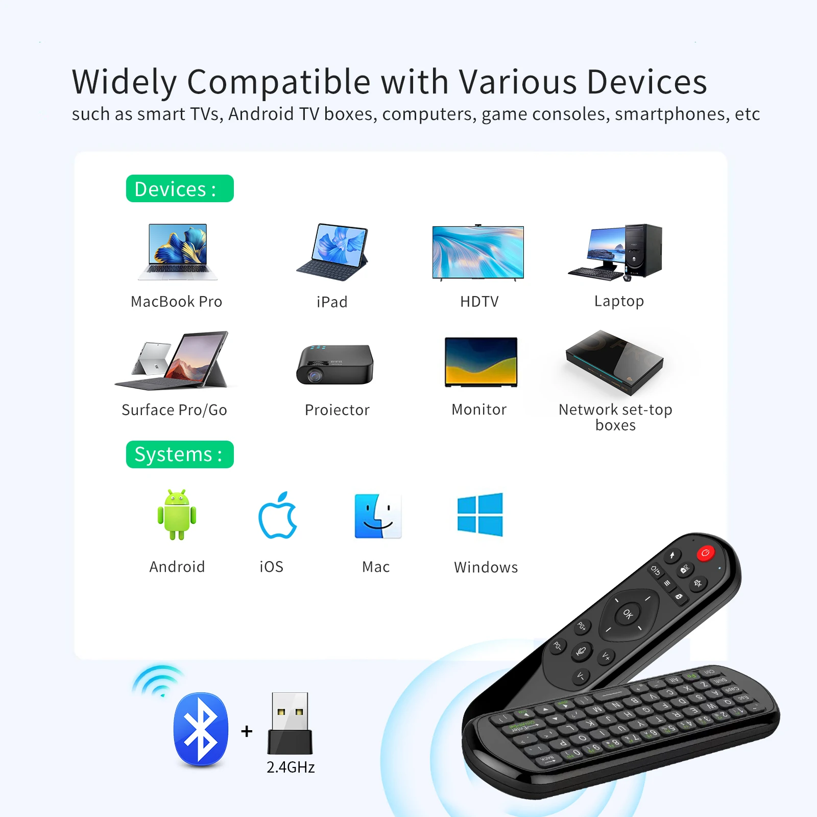 Mini tastiera wireless iPazzPort TV Over-the-Air Mouse, controller per PC con apprendimento IR per Smart TV, Android TV Box, computer