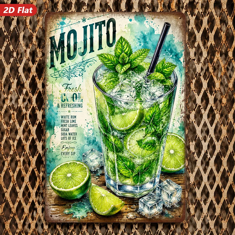 2D Flat, 1pc Metal Sign Wall Art, Mojito-Themed Home Decor, Lime And Mint Art, Vintage Style, for Bar, Kitchen Decor, Safe Ro