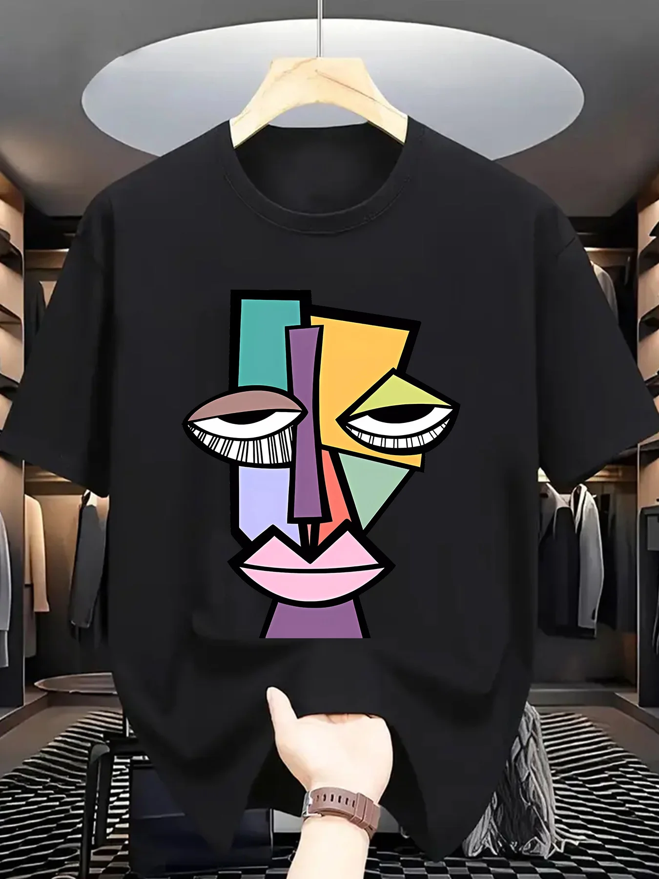 [تي شيرت برسومات أرجوانية] تي شيرت برسومات تجريدية حديثة باللون الأرجواني |   تي شيرت رجالي صيفي كاجوال بأكمام قصيرة، 100% بوليستر