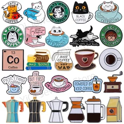 Vintage Coffee Maker Enamel Brooch Coffee Bean Drink Cat Cappuccino Carved Metal Badge Punk Coffee Pot Lapel Pins Jewelry Gifts