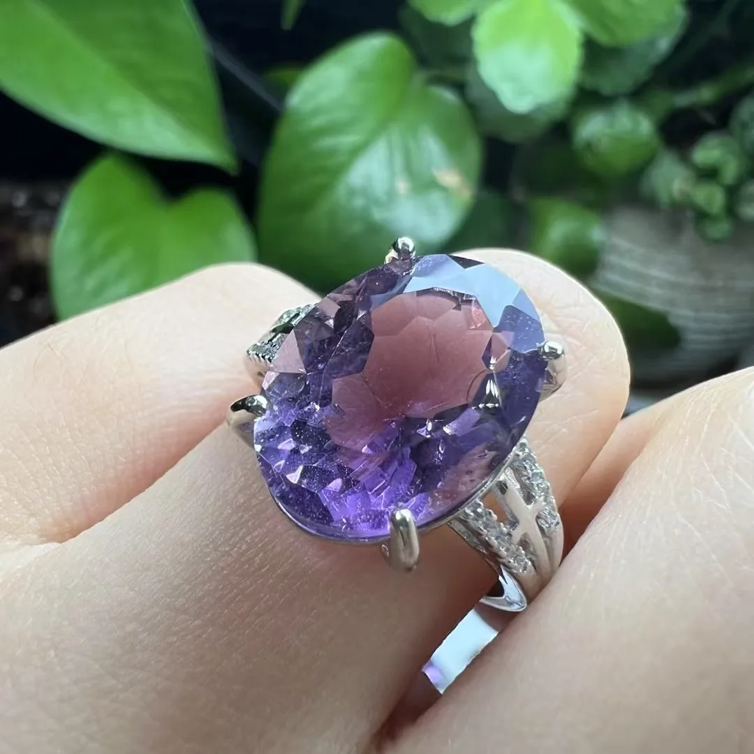 

1Pc Fengbaowu Natural Amethyst Ring 925 Sterling Silver Faceted Oval Shape Reiki Healing Stone Jewelry Gift Women