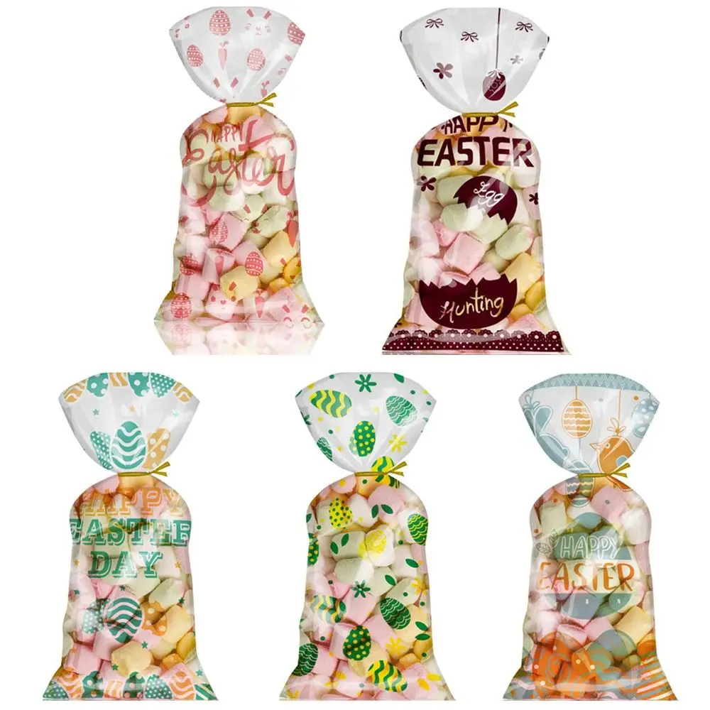 50PCS Creative Plastic Easter Candy Bags Egg Bunny Chick Happy Easter Biscuit Bags Rabbit Candy Treat Bag Party Decoration