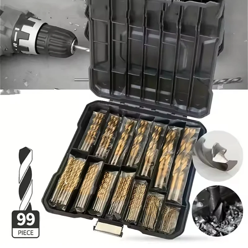 

99-Piece HSS Titanium Coated Twist Drill Bit Set with Storage Case for Professional Woodworking Hole Opener Power Drill Punch