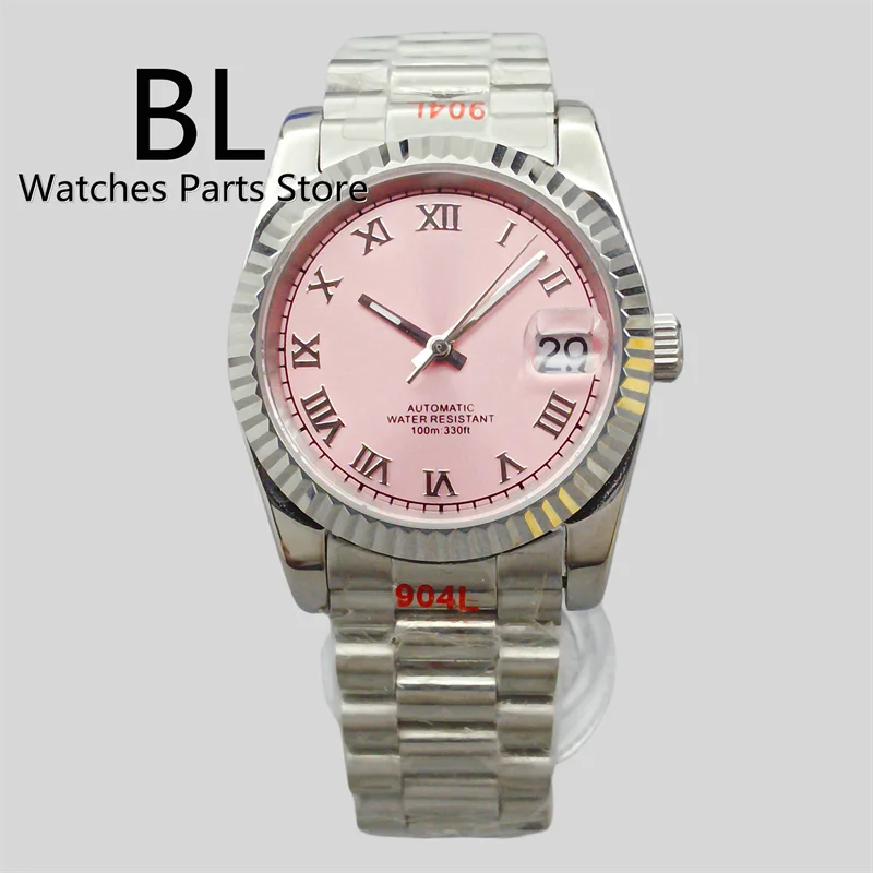 BLIGER 36mm39mmPink Dial Luxury NH35A Automatic Watch 904 Stainless Steel Fluted Bezel Sapphire Crystal Diamond Roman Time Marks