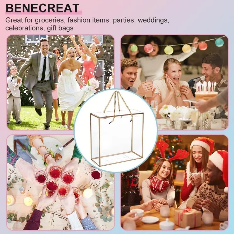 10 Packs Clear PP Plastic Gift Box 7.8x7.8x3.5 Inch Treat Gift Boxes with Gold Border and Handle Favor Box with Cord