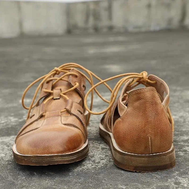 Handmade Genuine Leather Retro Round Toe Gladiator Sandals Men Soft Bottom Comfortable Cowhide Summer Outdoor Beach Shoes