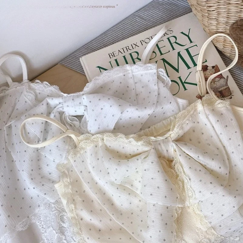 Novedad de verano, ropa de abrigo versátil para niñas, Top sin mangas Vintage, dulce puro deseo, camisola de retazos de encaje con lazo grande