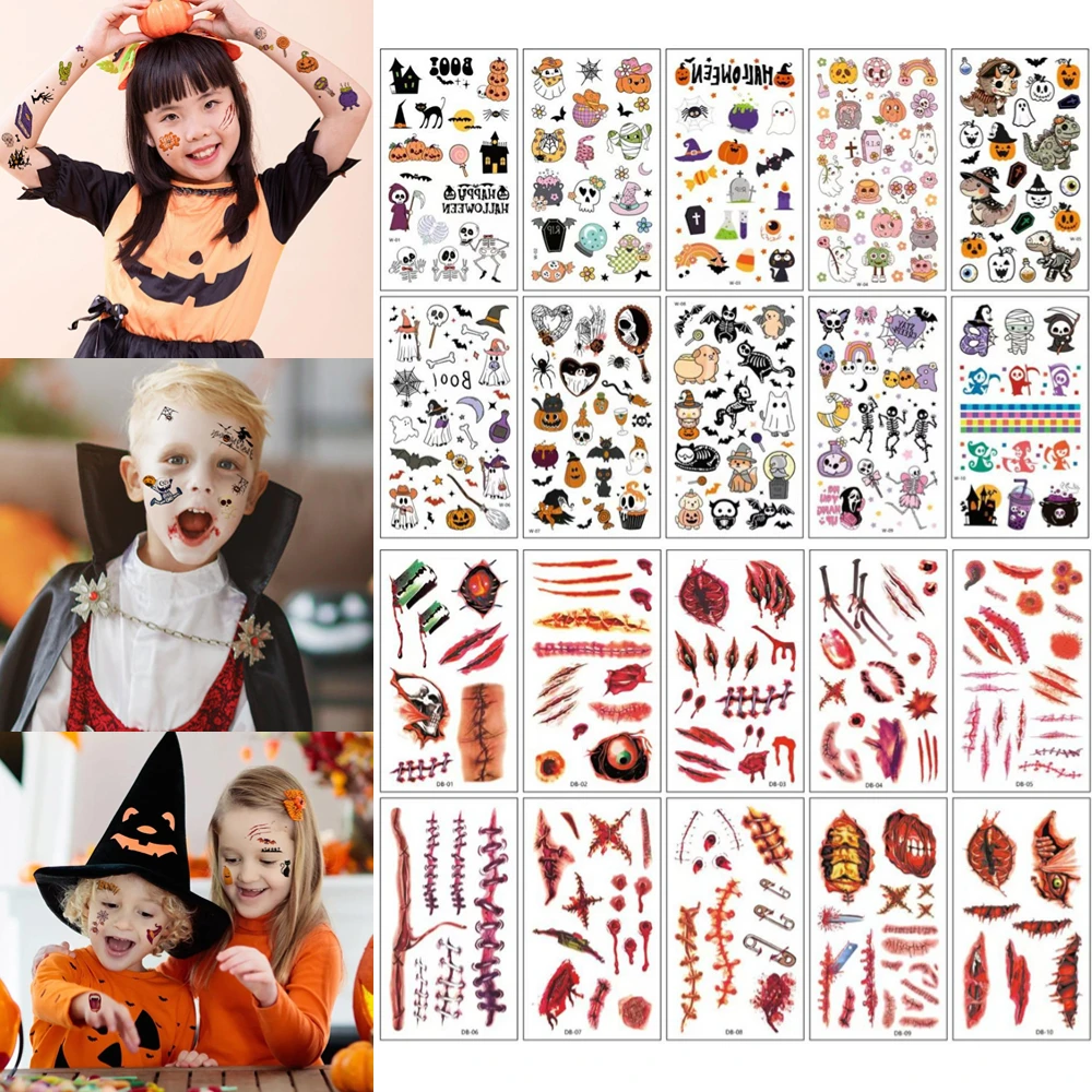 

Pumpkin Ghost Temporary Tattoos for Men Women Spider Bat Fake Tattoos for Halloween Festival Hand Face Body DIY Makeup