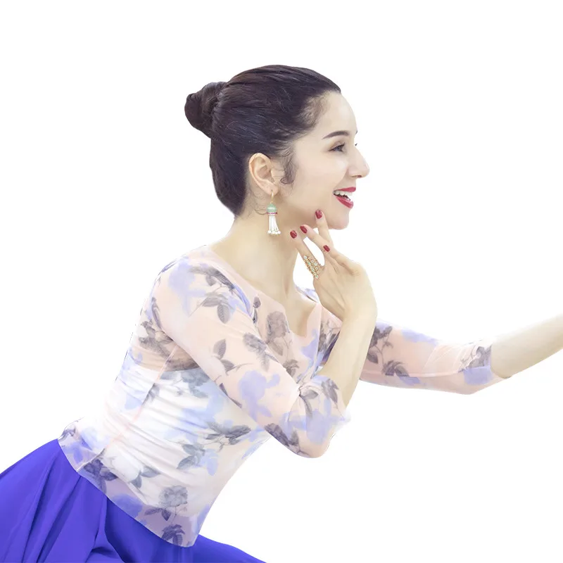 

Сетчатый топ с балетным принтом, костюм, женская прозрачная сетчатая блузка, элегантное платье для девочек, танцевальная одежда с большим квадратным вырезом