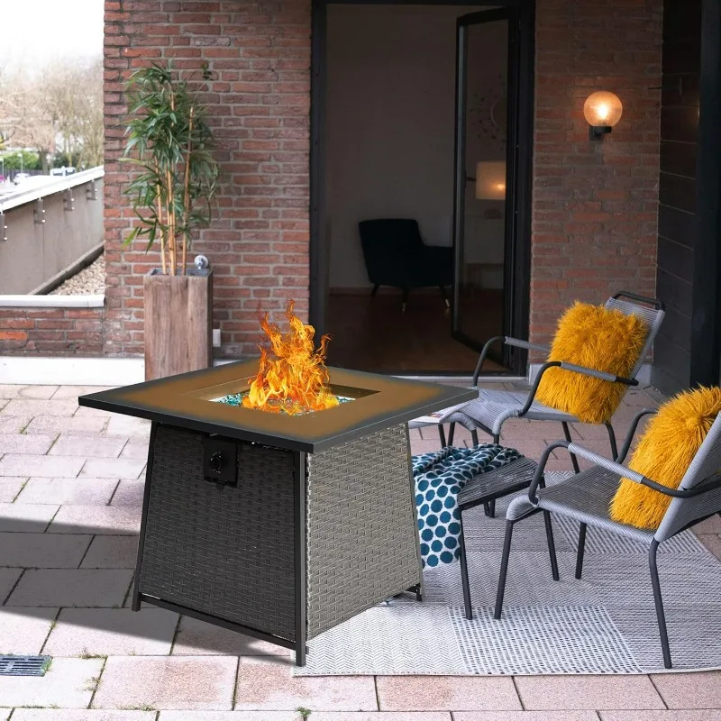 

Outdoor Living 28in Gas Fire Pit Table,50,000 BTU Outdoor Wicker Patio Propane Firepit w/Blue Glass Rocks, Hideaway Tank Holder