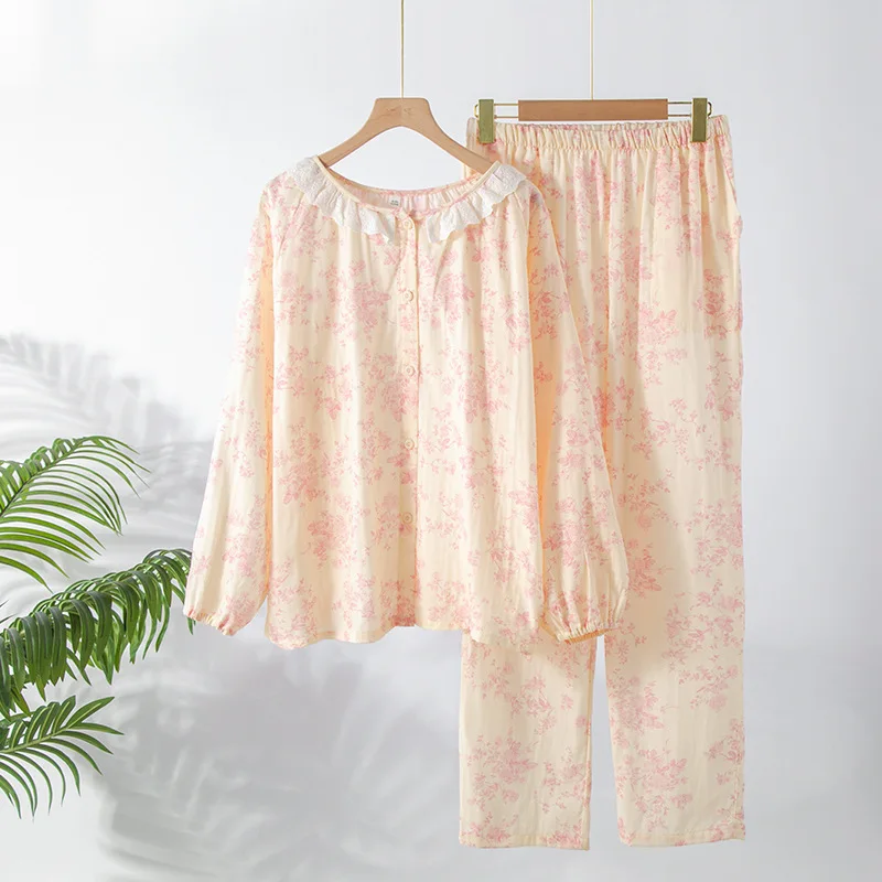 

2025 New Spring/Summer Women's Pajama Set Pure Cotton Crepe Sweet and Cute Long Sleeve Long Pants Two Piece Home Clothes