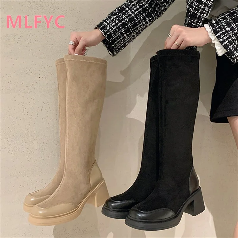 Knee length boots for women in autumn and winter 2023, new thick heeled boots that increase height and show slimming elasticity