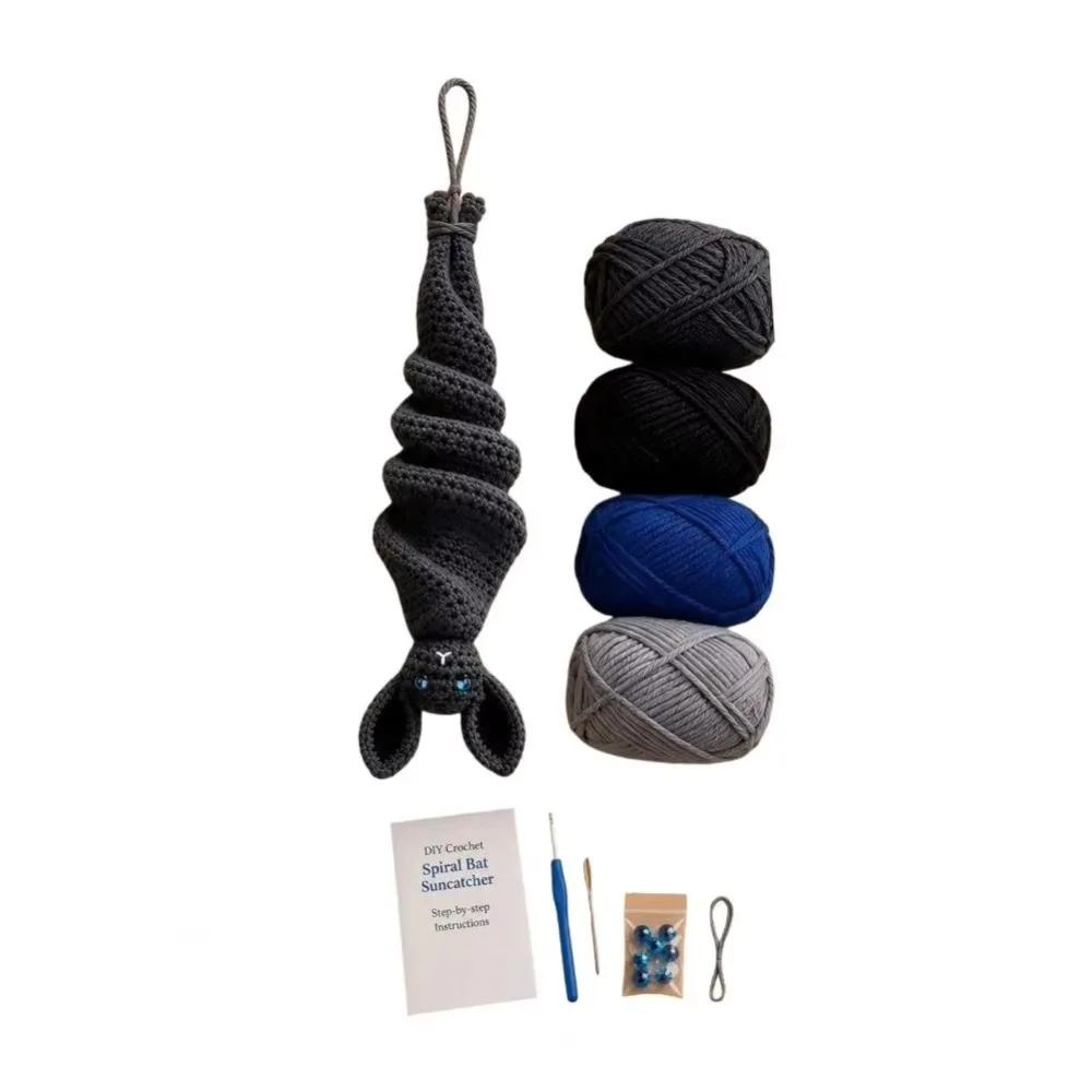 Handmade DIY Crochet Bat Kit Hanging Soft‑Yarn Bat Wind Spinner Crochet Kit Spooky Easy Knit DIY Spiral Bat Knitted Pendant