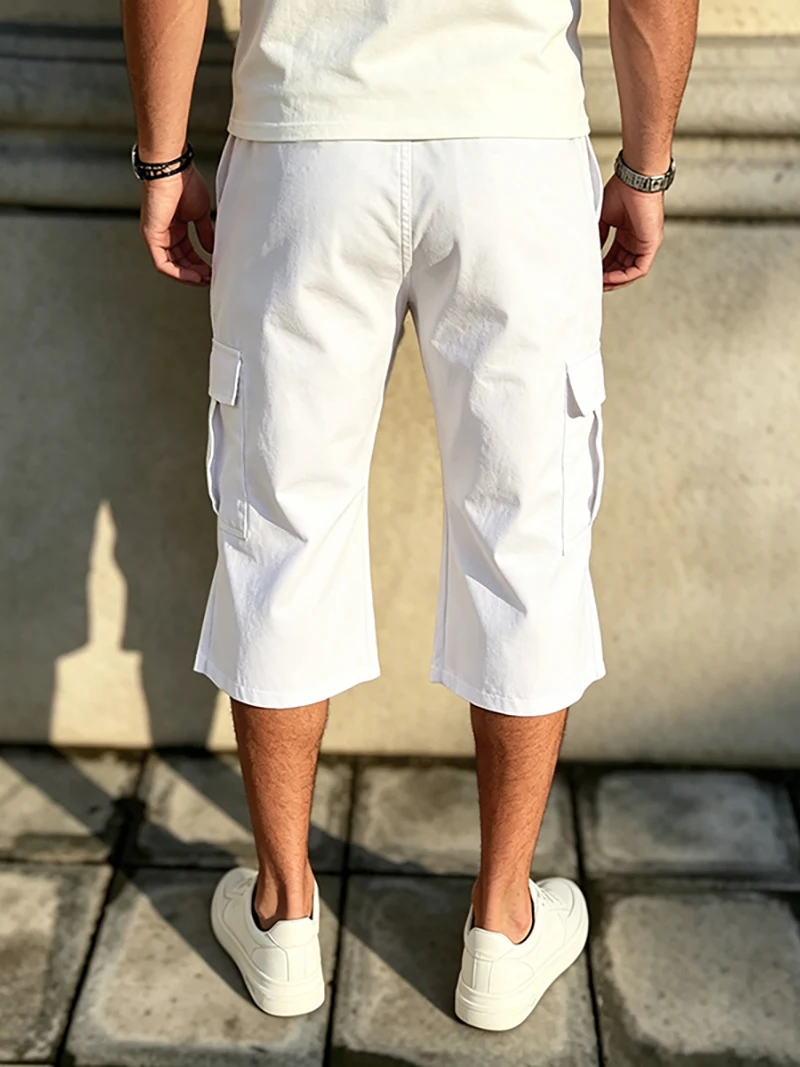 2026 New Men Multi Pocket Cargo Capri Shorts Loose Fit Daily Street Travel Outdoor Casual Drawstring Waist Cropped Short Pants
