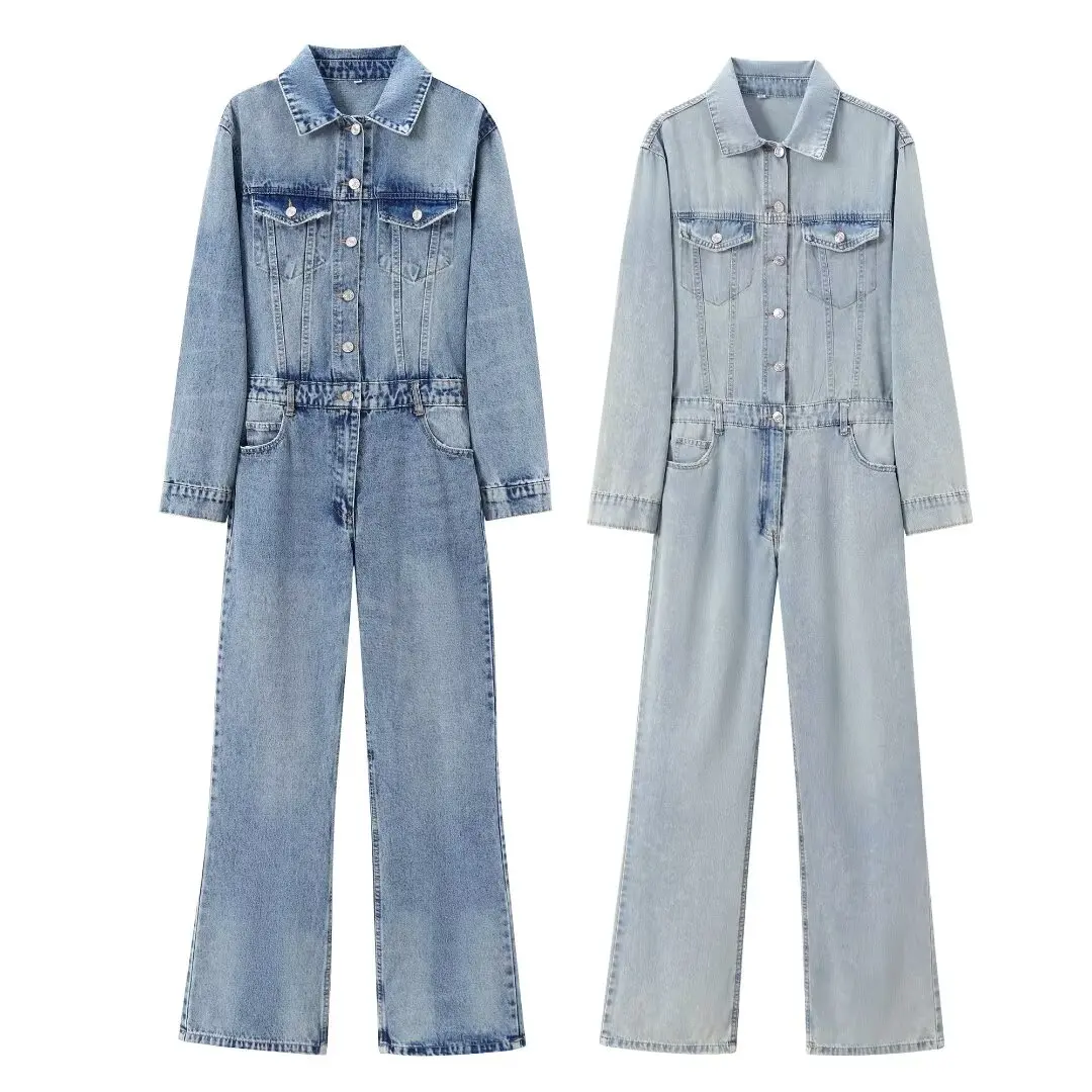 Tangada 2024 Fashion Women Denim Jumpsuit Pocket Long Sleeve Female Elegant Jumpsuit 3H0772