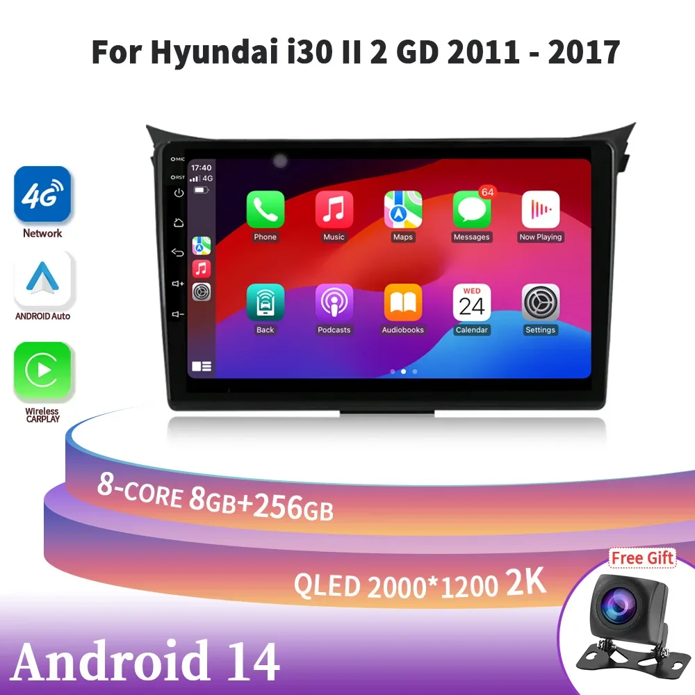 

For Hyundai i30 II 2 GD 2011-2017 Android 14 Car Screen Stereo Unit Multimedia Radio GPS BT Wireless Carplay Auto Head Unit