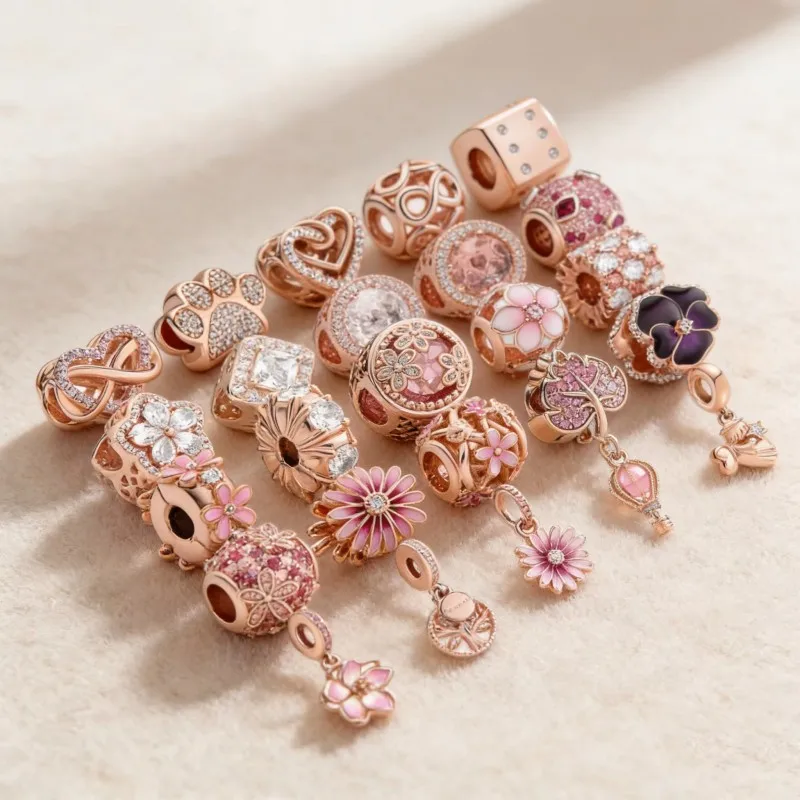 

Блестящие бусины-шармы цвета розового золота, подходящие для оригинальных серебряных браслетов-змейок и ожерелий, для создания украшений своими руками, подарок для женщин