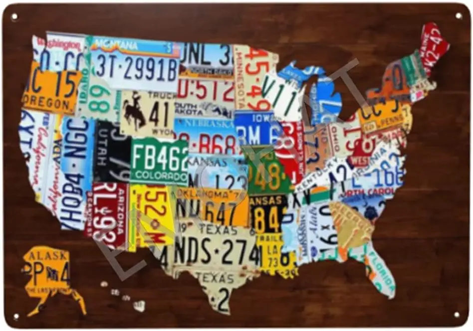 License Plate Map of the United States USA Metal Sign Home Living Room Porch Decor Gifts Wall Decor Tin Sign Shed Office Craft
