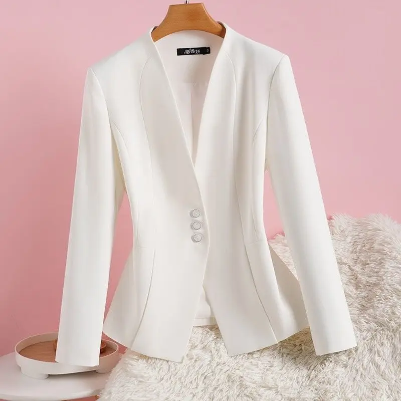 Fashion Collarless Suit Coat Woman Spring Autumn 2026 New Short Little Blazer Jacket Ladies White Outwear Slim V-neck Overwear