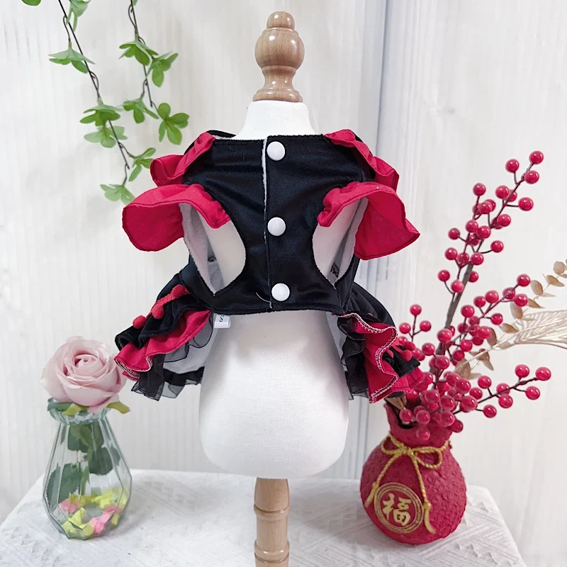 Winter Thick Velvet Pet Dog Clothes Original Handmade Cotton Black Red Crystal Bow Dresses For Small Medium Dog Puppy Dog Skirts