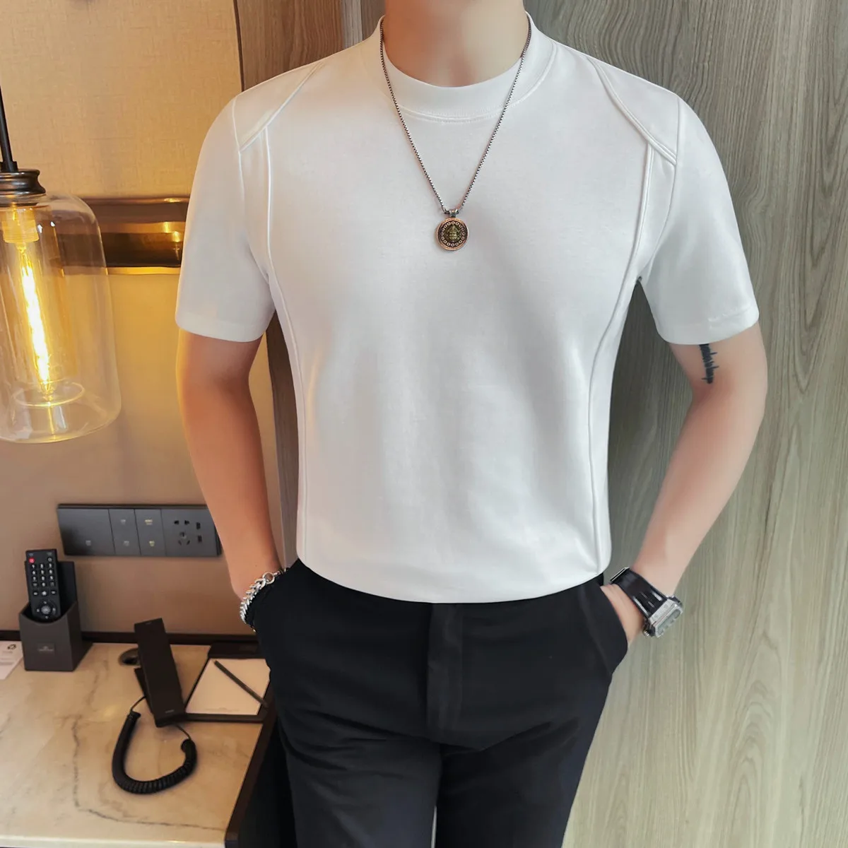 

Summer Solid Color Short Sleeved T-shirt Men Clothing Cotton Breathable Round Neck Casual T-shirt Versatile Business Base Shirt