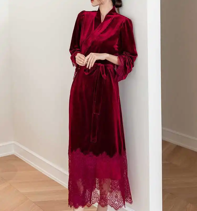 Long Sleeve V Neck Solid Color 2Pcs Robe Solid Velvet Sleep Suit Home Dress Wine Red Sexy Split Fork Lace Cardigan Sling