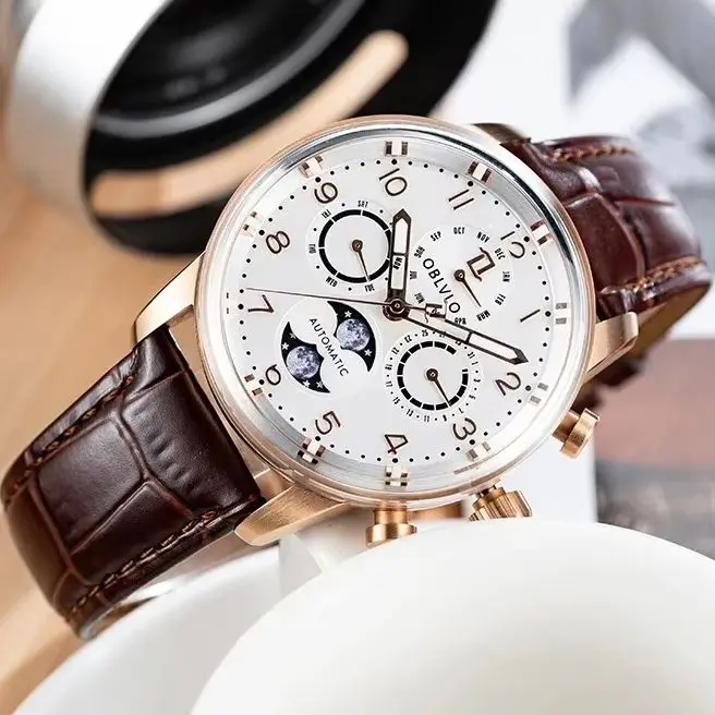 OBLVLO Men Automatic Watch 42mm Moonphase Mechanical Wristwatch Waterproof Luminous Multi-Dial Month Week Date