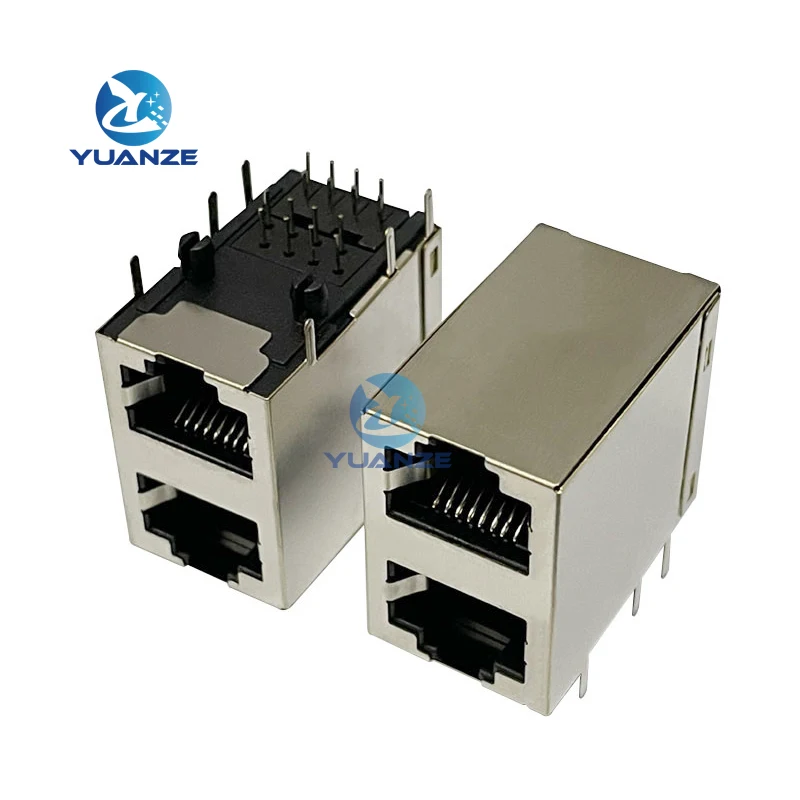 RJ45 2x1 2*1 Stack 2 Port Shielded Modular 59 PCB double layer  Jack 8P8C Right Angle Through Hole Network Connector Side Entry