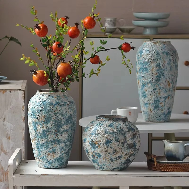 Retro rough ceramic vase uneven surface flower pot dining table decoration flower arrangement vase room aesthetic decoration