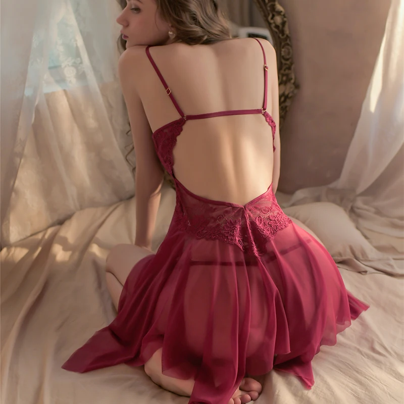 Chemise de Nuit Transparente en Dentelle Dos auxpour Femme, Sous-Vêtements Sexy, Entrejambe Ouvert, Grande Taille, 1 Pièce