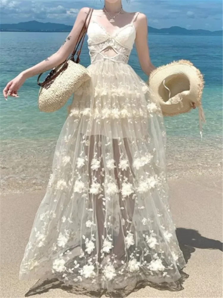 Abito lungo sexy con scollo a V scavato, per le vacanze estive, con spalline in pizzo, abito lungo con ricamo floreale, spiaggia, fata al mare, abito con bretelle a linea