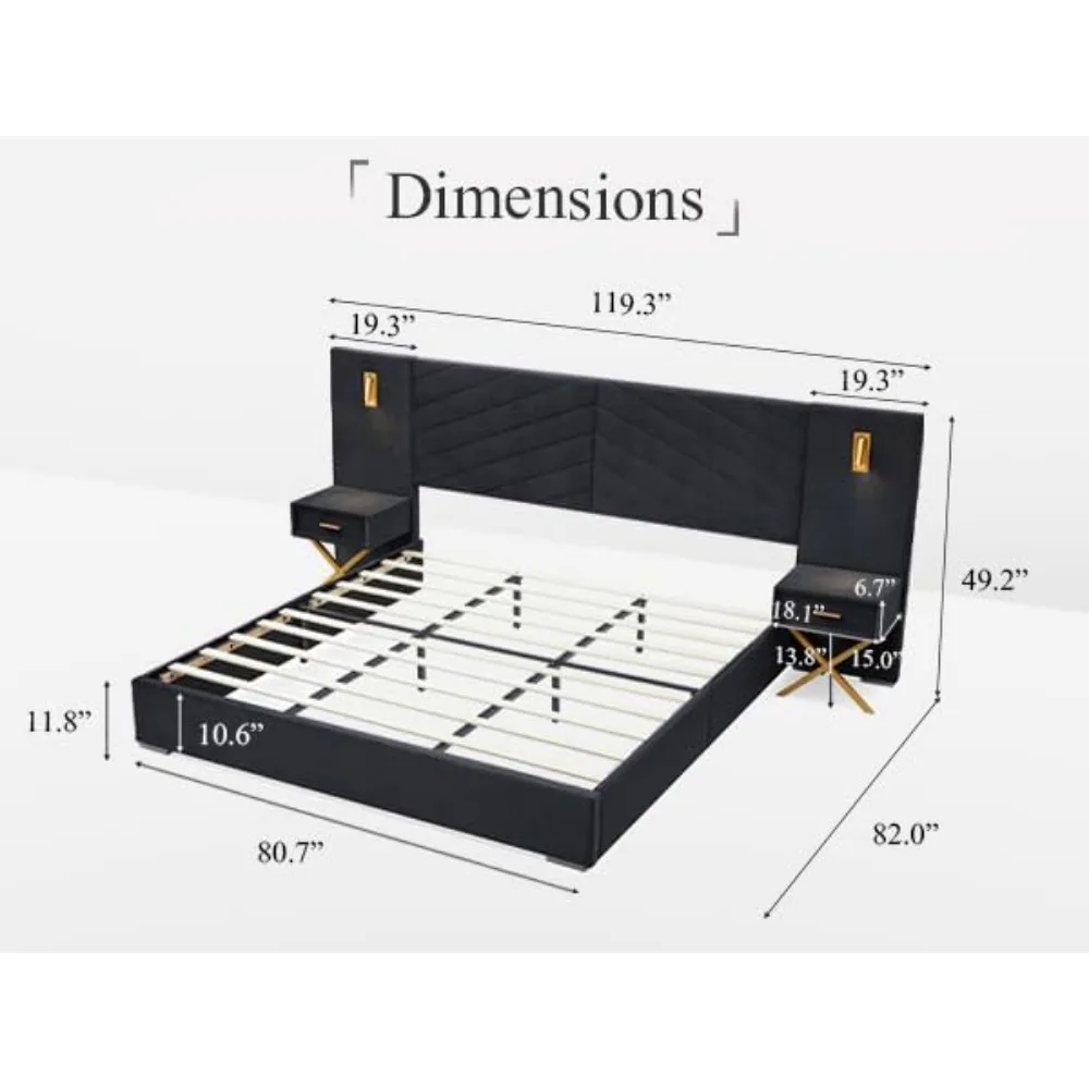 Marco de cama de lujo con luces LED doradas integradas y mesitas de noche, cama de plataforma con cabecera tapizada de gran tamaño, sin cajaSpringNeed