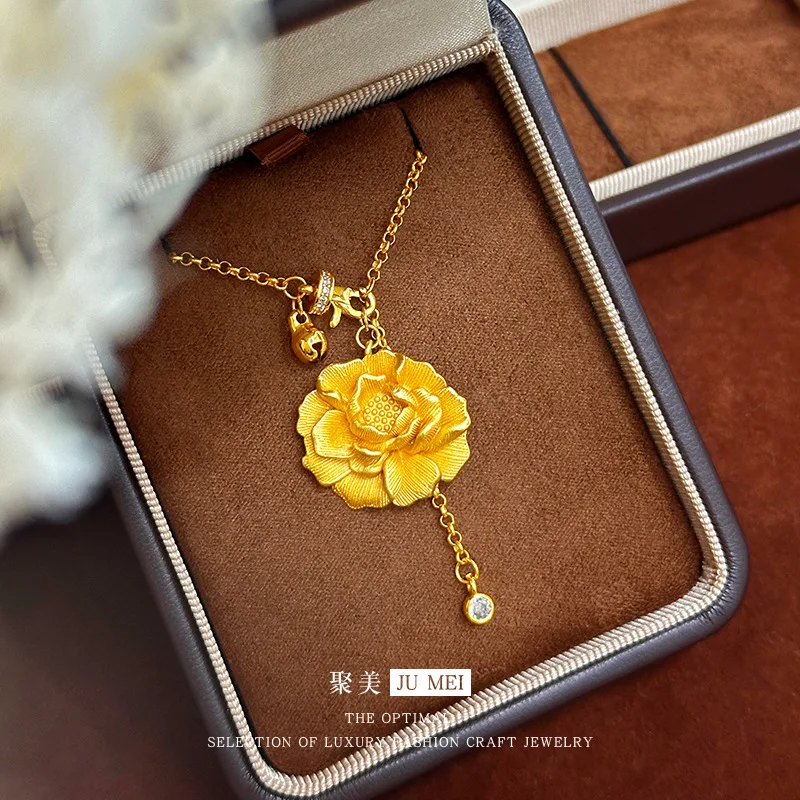 9999 24K real gold store same style women's gold necklace peony flower sexy collarbone chain fashion jewelry