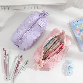 柔軟絎縫大拉鍊鉛筆盒學校文具收納袋大容量筆袋 8 最佳銷售 淡紫色袋子 - №5
