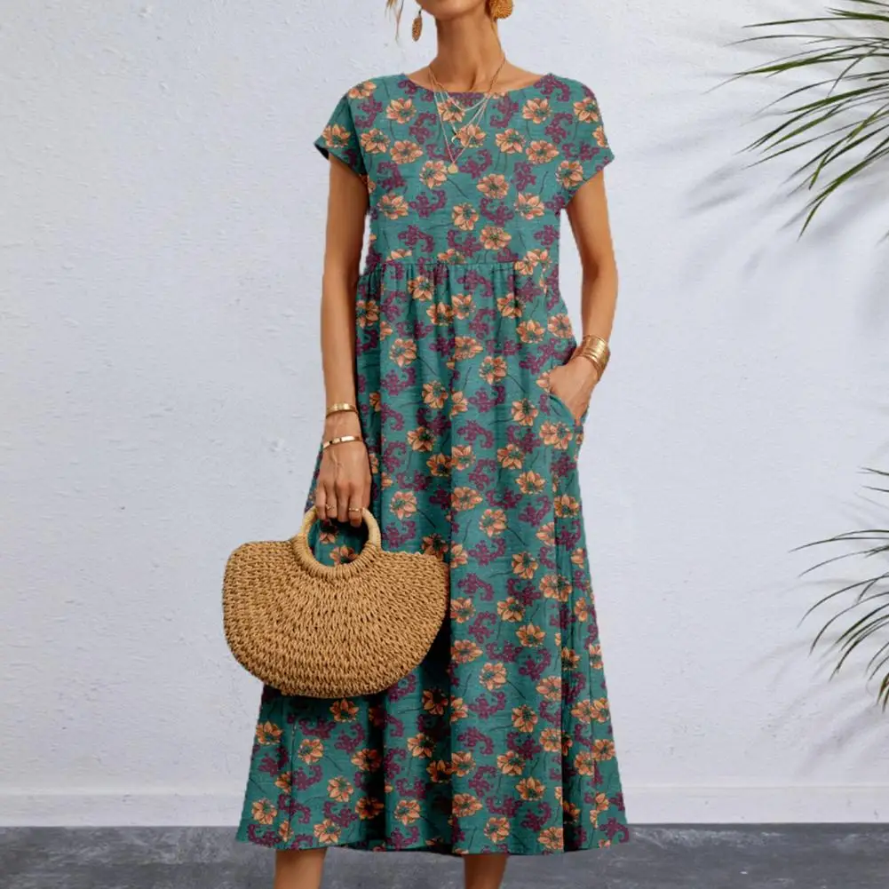 

Summer Women Dress Flower Print O Neck Short Sleeves Dress Pleated A-line Loose Vacation Beach Maxi Dress