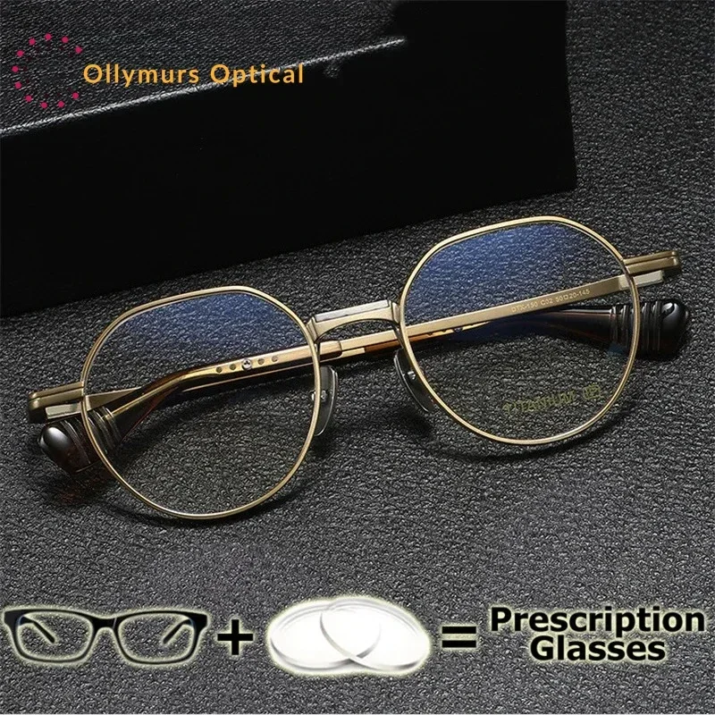 

Ollymurs High End Men Prescription Glasses Pure Titanium IP Eyewear Round Frame Prescription for Vision Lenses Multifocal Wide F
