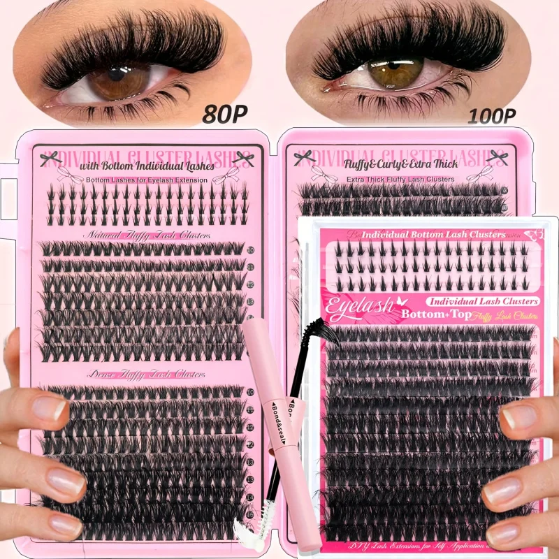 Zestaw do samodzielnego przedłużania rzęs, pojedyncze puszyste kępki rzęs z klejem i pęsetą, mieszane rzęsy dolne 40D/60D/80D/100D