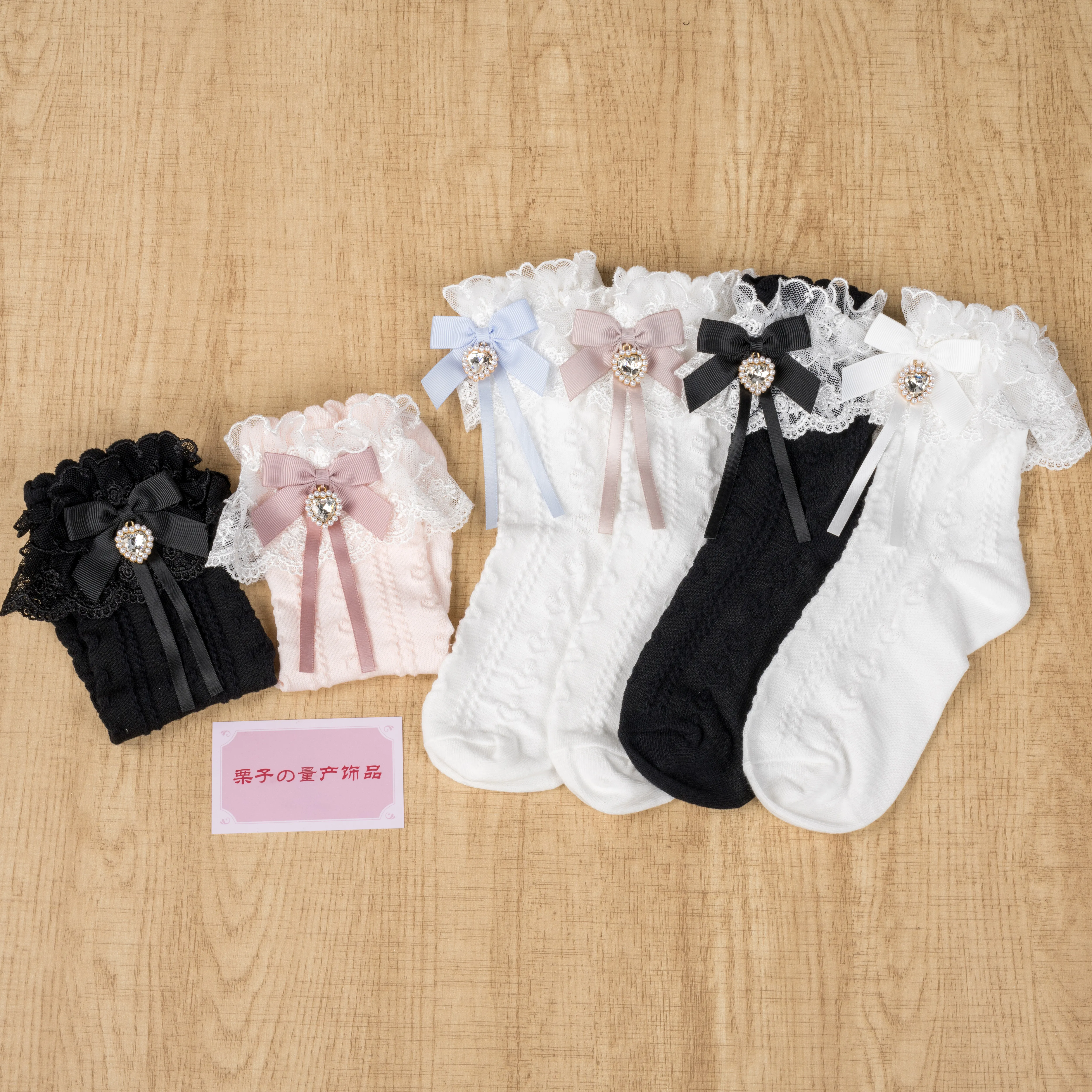 Japanese Double-layer Rose Lace Ribbon Bow Girls' Short Cotton Socks Sweet and Cute Rhinestone Love Bud Socks for Women