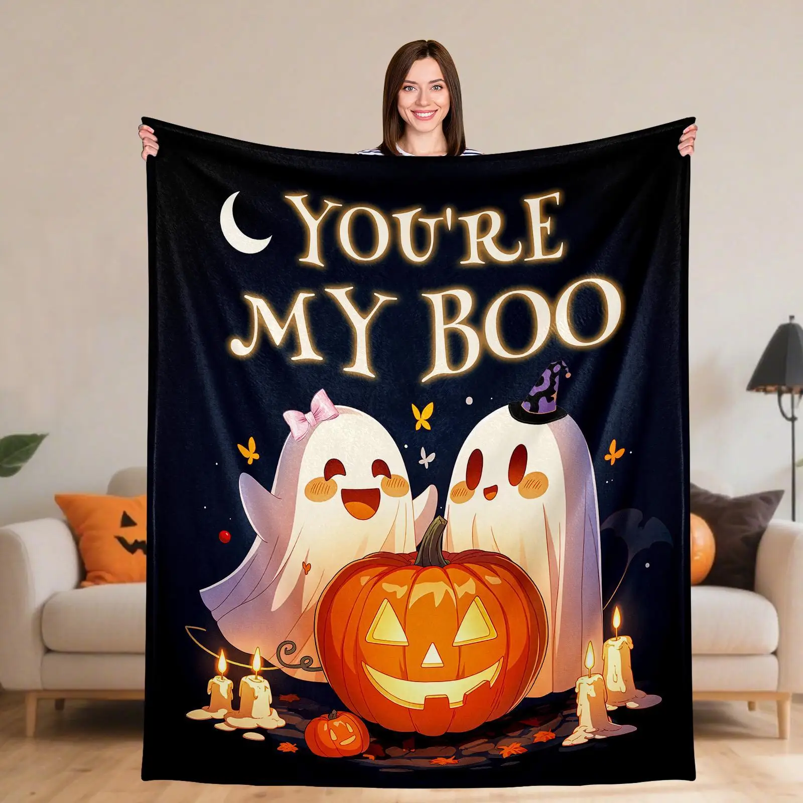 

Одеяло You're My Boo на Хэллоуин — милые призраки, тыква, темно-синий и оранжевый жуткий декор — легкое фланелевое одеяло