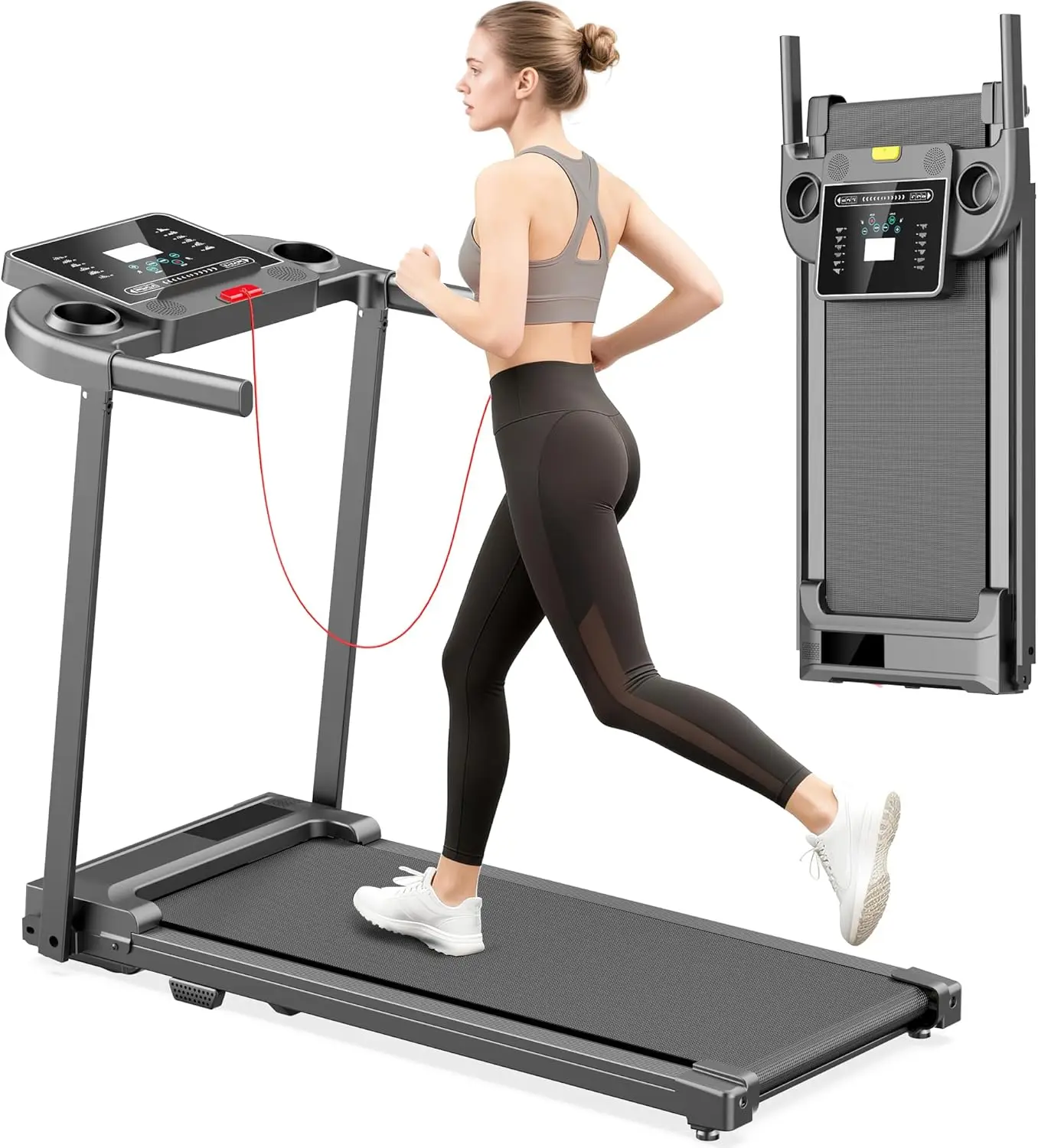 Foldable Walking Pad Treadmill for Home with Handle Bar - Compact Portable Electric Running Machine, High Power Folding Treadmill for Jogging Gym Use, LED Display