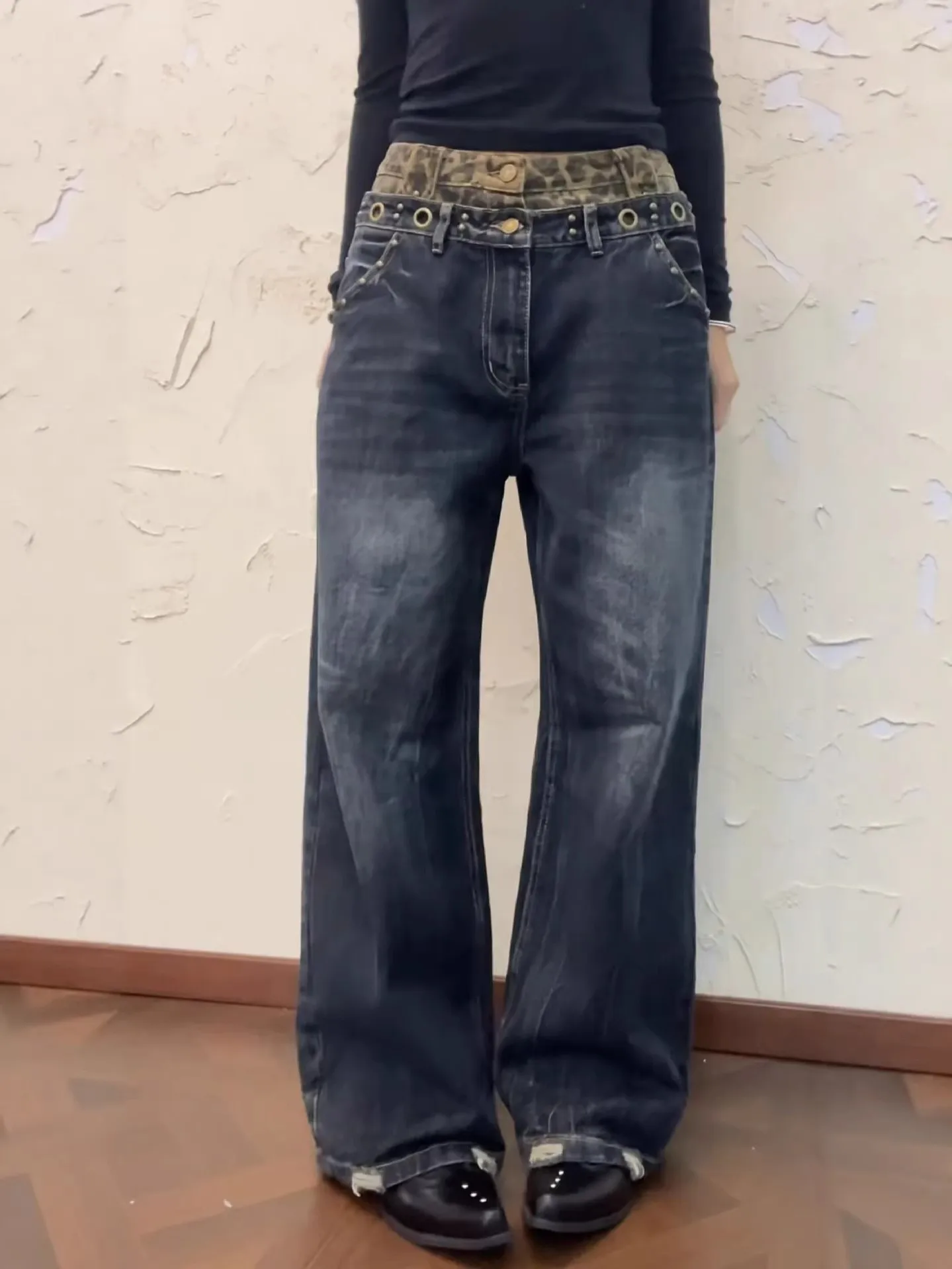 

High Waist Wide Leg Denim Jeans Women's Loose Casual Retro Washed Double Waist Design American Style plus Size Jeans