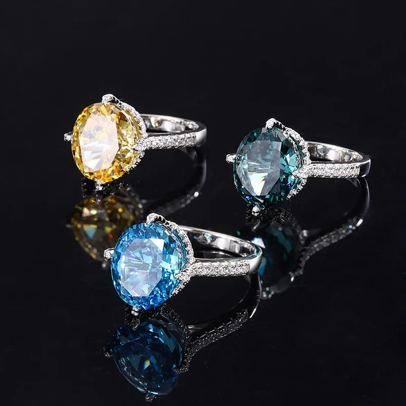 

S925 Silver Color Treasure High Carbon Diamond Explosion Flash Broken Ice Cut Pigeon Egg Hao Set Closed Ring 12 * 14