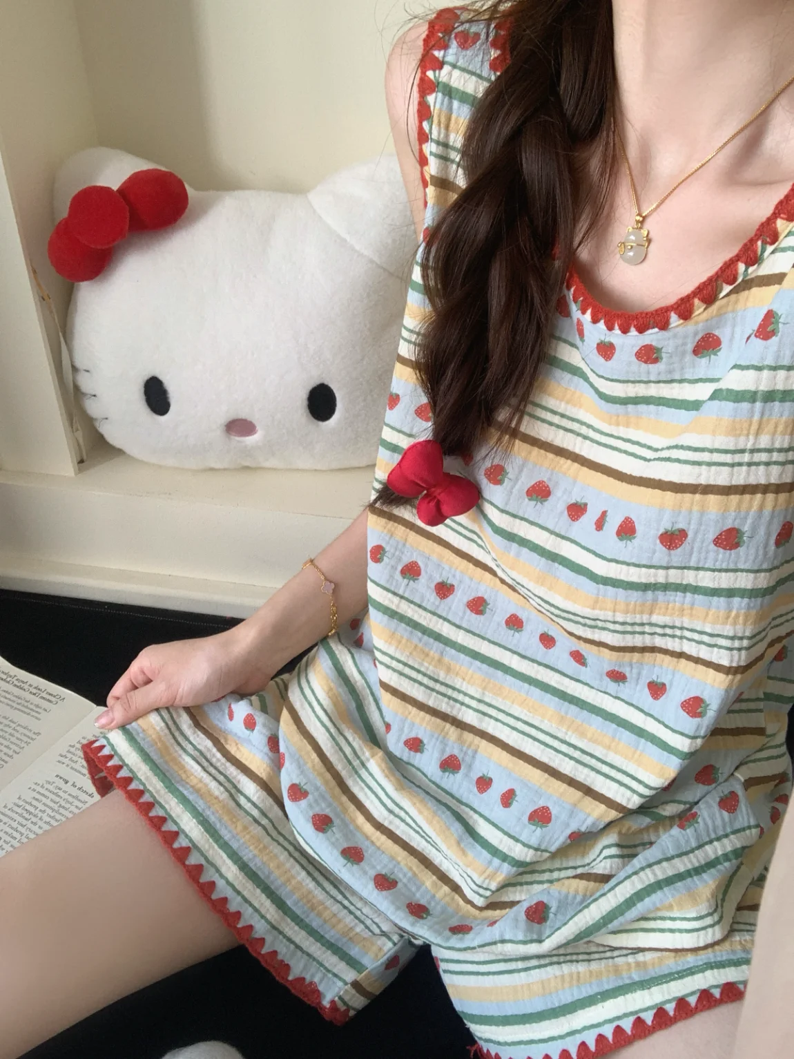 Korean Sweet Strawberry Print Striped Double-layer Cotton Yarn Pajamas Women's Summer Vest Shorts Loungewear 2025 New