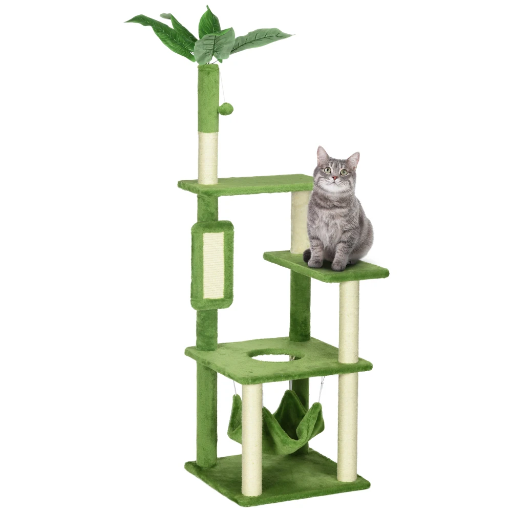 PawHut 56"Cat Tree for Indoor Cats with HammockCat Tower Scratching Post Platforms Play Ball Anti-tipping Device Indoor Green